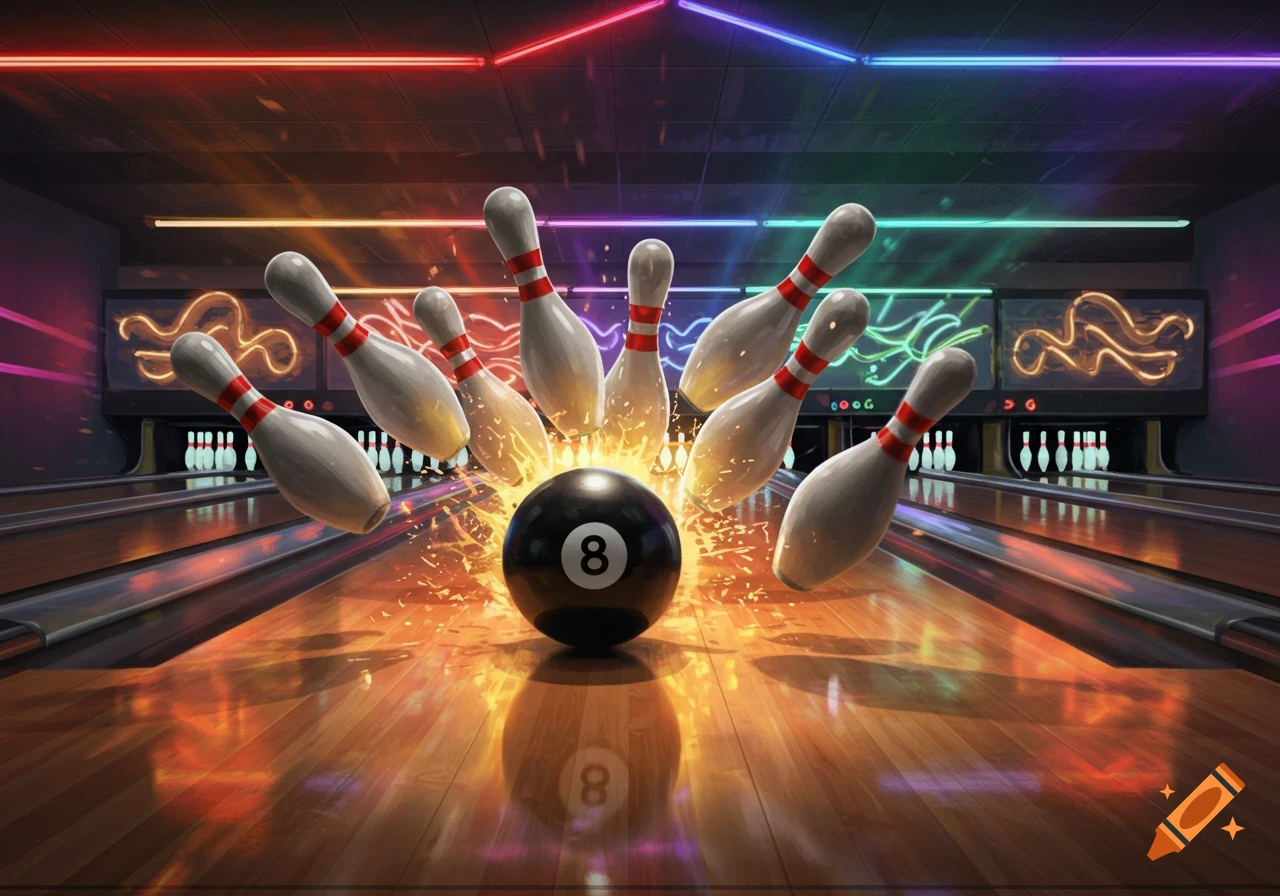 Vibrant bowling strike with an 8-ball smashing into pins, creating a fiery impact in a neon-lit alley.