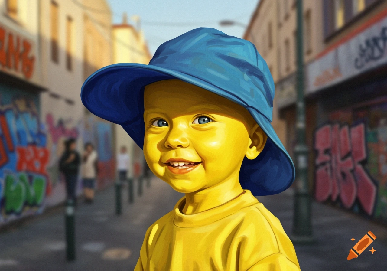 A smiling yellow-skinned toddler with blue eyes and a blue bucket hat, wearing a yellow shirt, in a blurred urban street with graffiti.