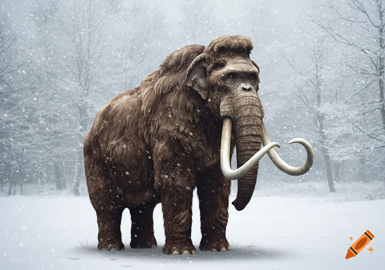 A furry brown mammoth-like creature with a chimpanzee-like face stands in a snowy forest during a snowfall, large curved tusks protrude from its head.