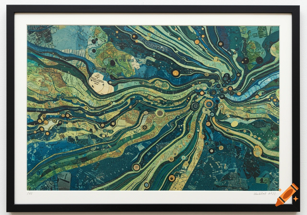 A framed abstract monoprint resembling a map collage with swirling blue and green organic lines and yellow dots, within a black frame.
