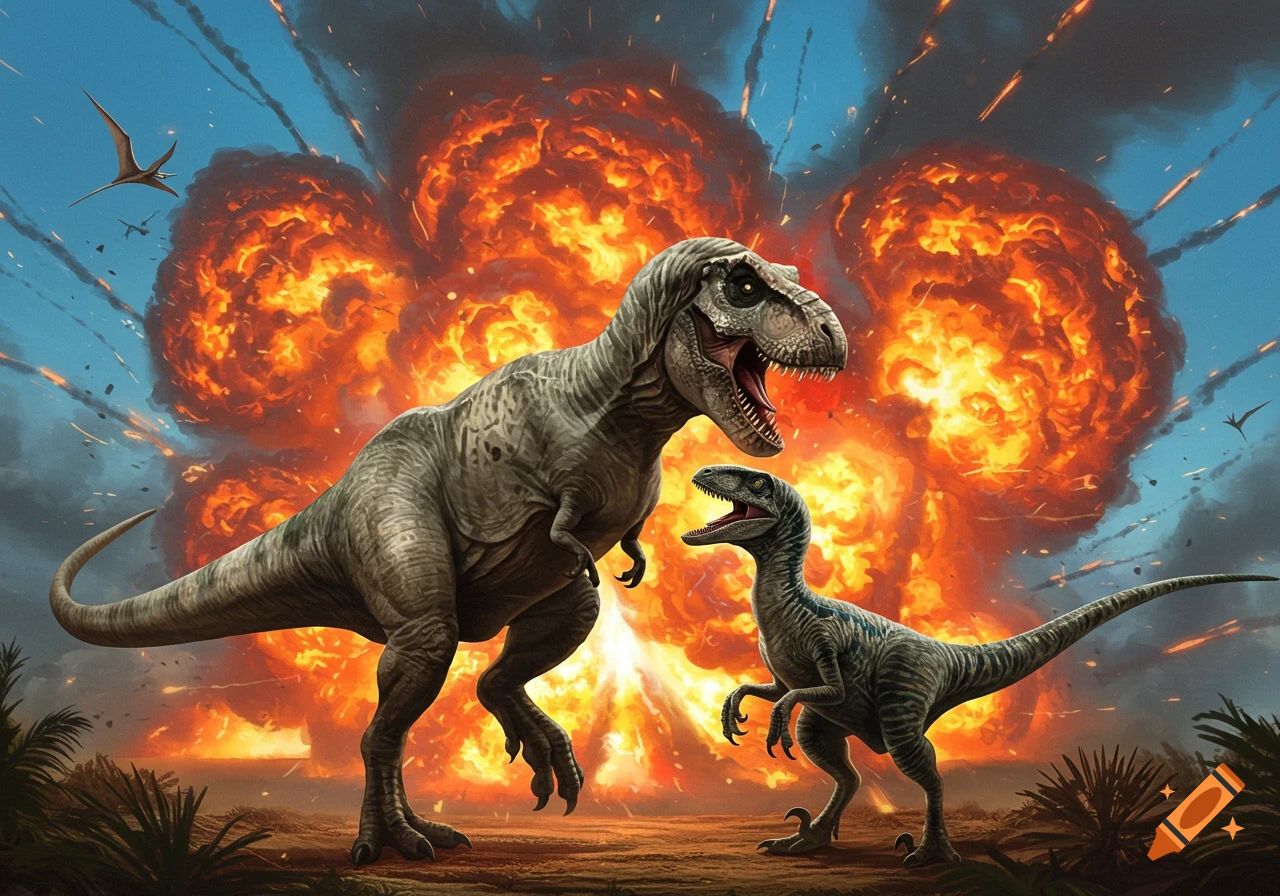 A large T-Rex and a smaller raptor-like dinosaur stand in front of massive fiery explosions under a blue sky with flying pterosaurs.