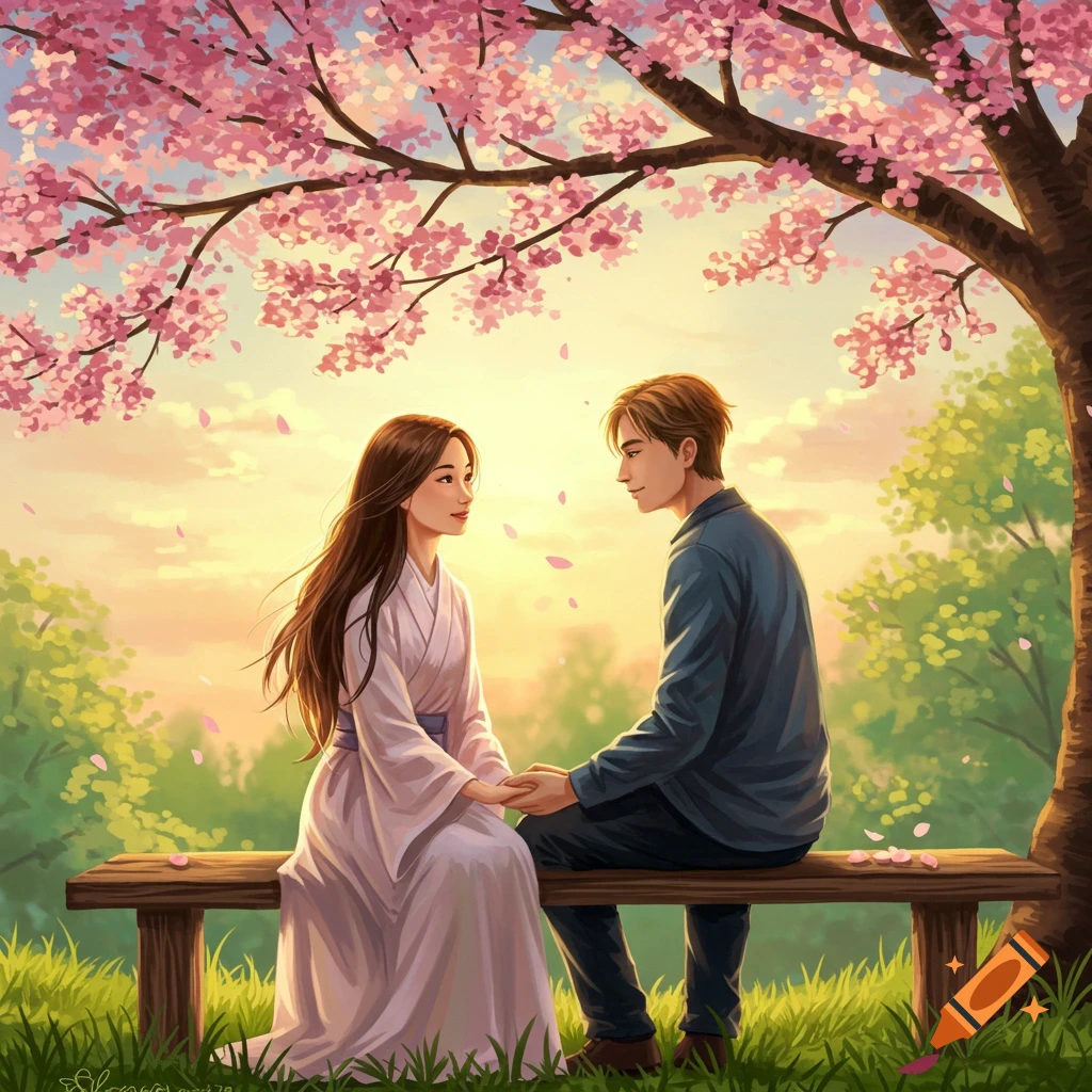 An illustrated romantic scene of a couple holding hands on a bench under a pink cherry blossom tree at sunset.