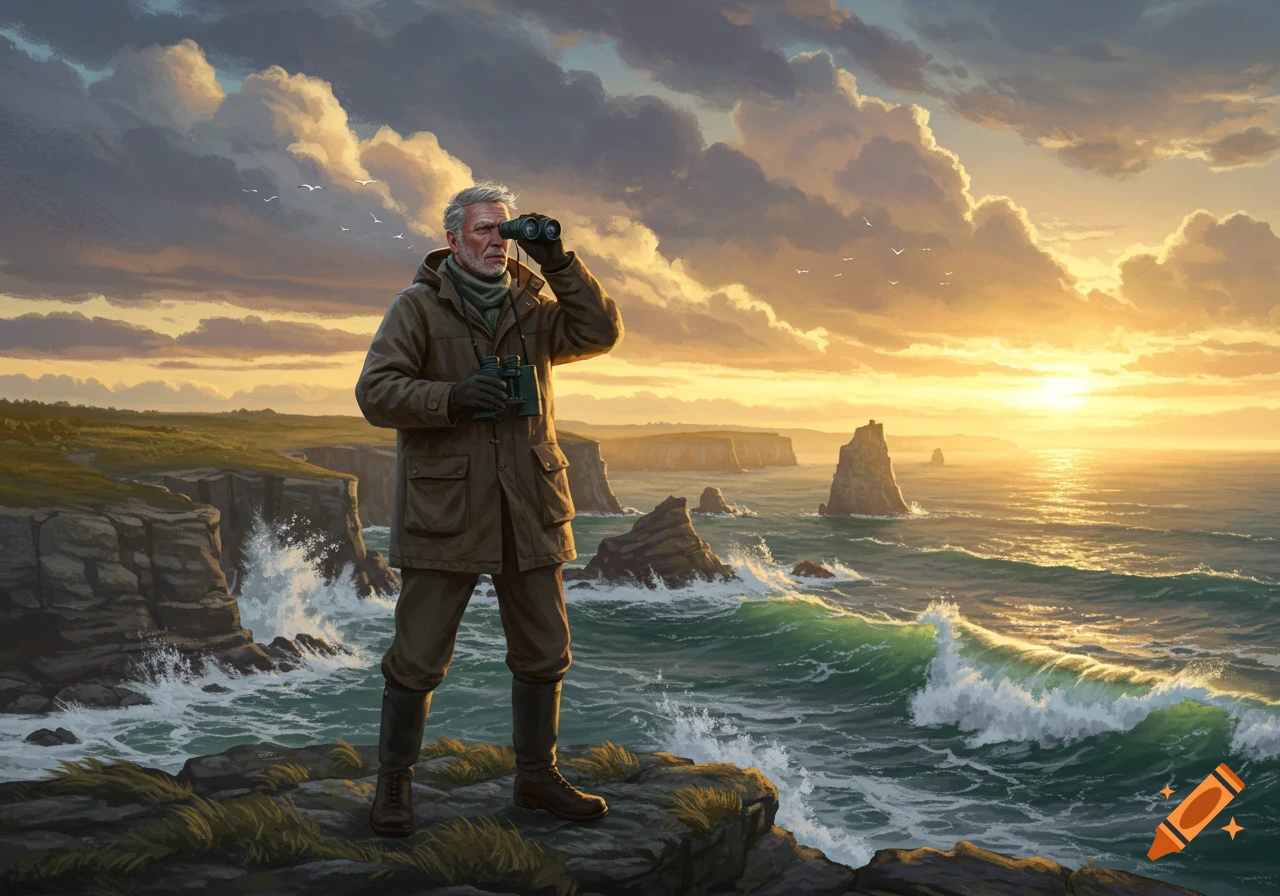 Elderly man with binoculars on a rocky cliff overlooking the ocean at sunset, with dramatic clouds and waves.