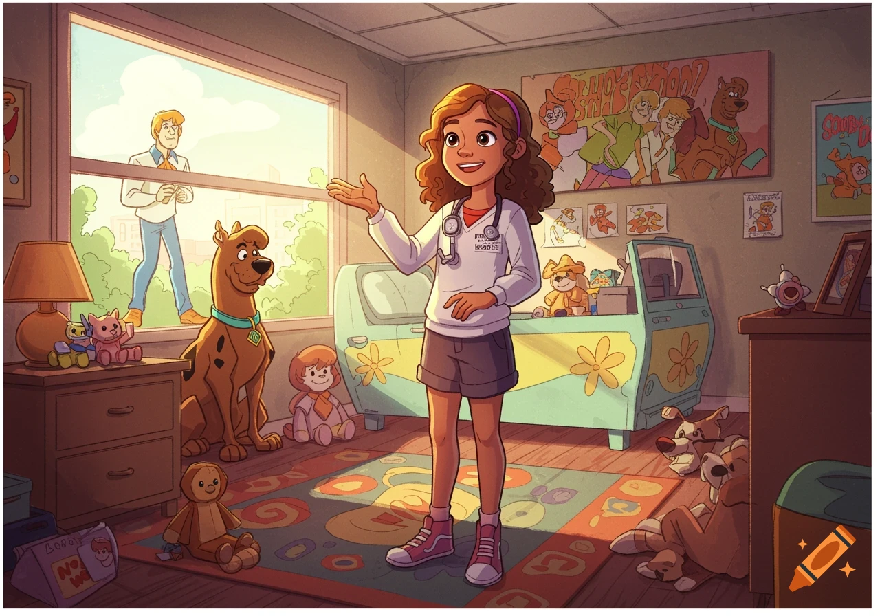 A cartoon girl with a stethoscope and badge stands in a room with Scooby-Doo themed decor, including Scooby, Fred, and Daphne figures.