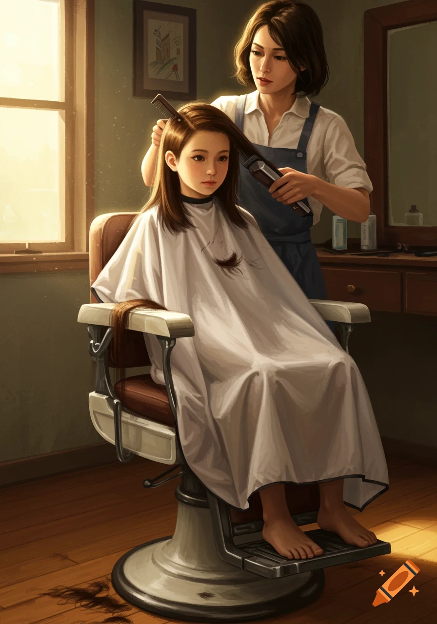 A woman cuts a young girl's long brown hair with clippers in a barbershop, hair falling to the floor.