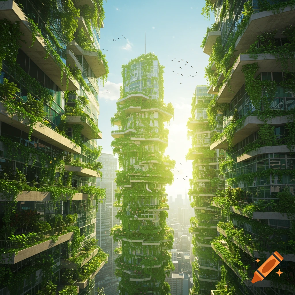 Photorealistic view of tall buildings heavily covered in green plants, with a bright sky and sun in the background.