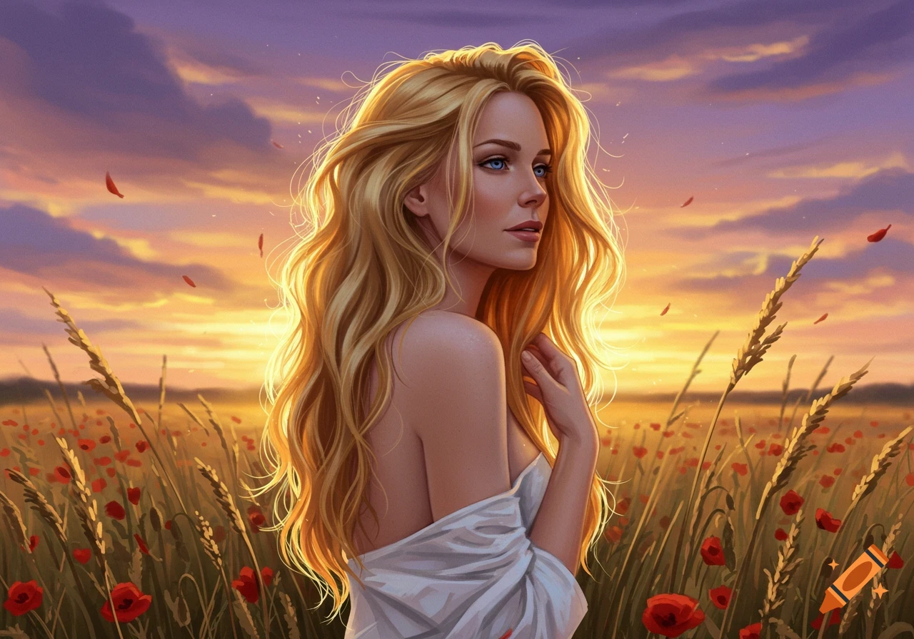 Digital painting of a blonde woman in an off-shoulder white top, in a poppy and wheat field at sunset.