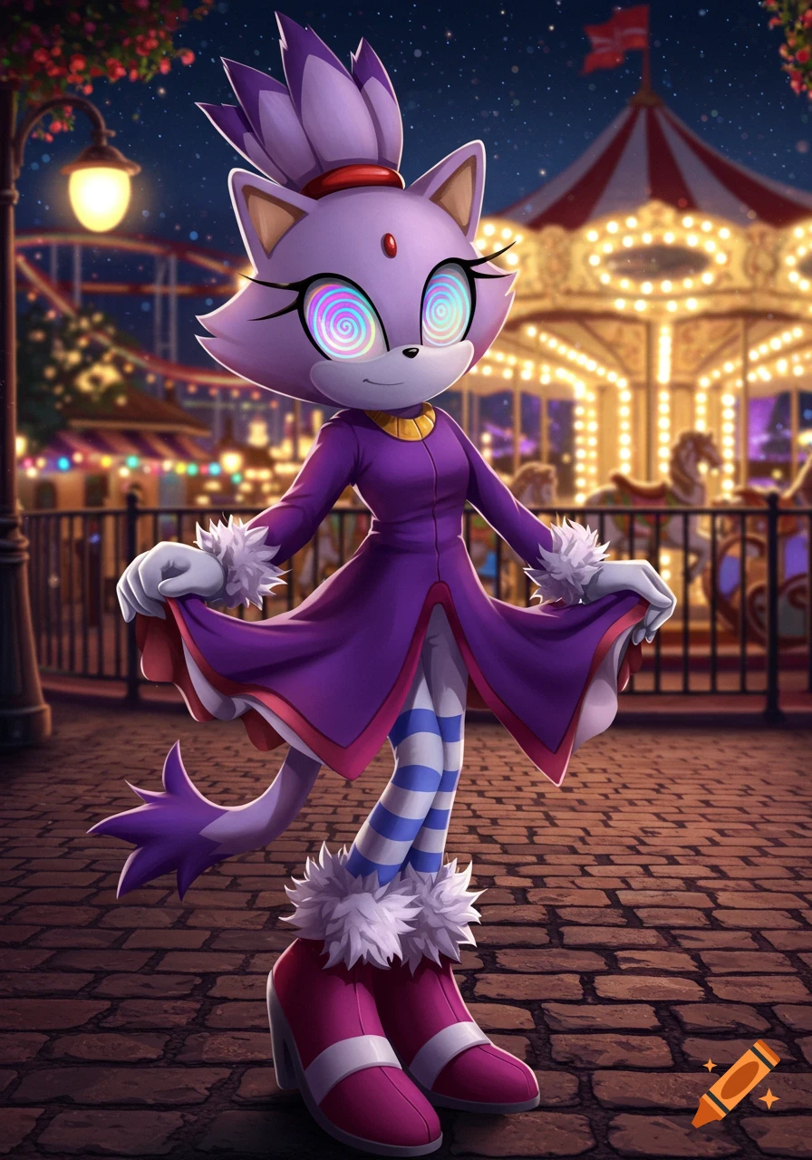 Blaze the Cat with spiral hypnotic eyes, wearing a purple dress and striped stockings, stands in a brightly lit night theme park.