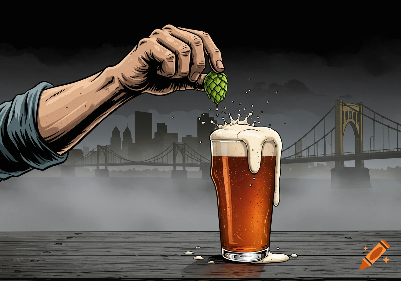 Comic book illustration of a hand adding a hop to a frothy beer glass on a table, with a misty city skyline and bridges behind.
