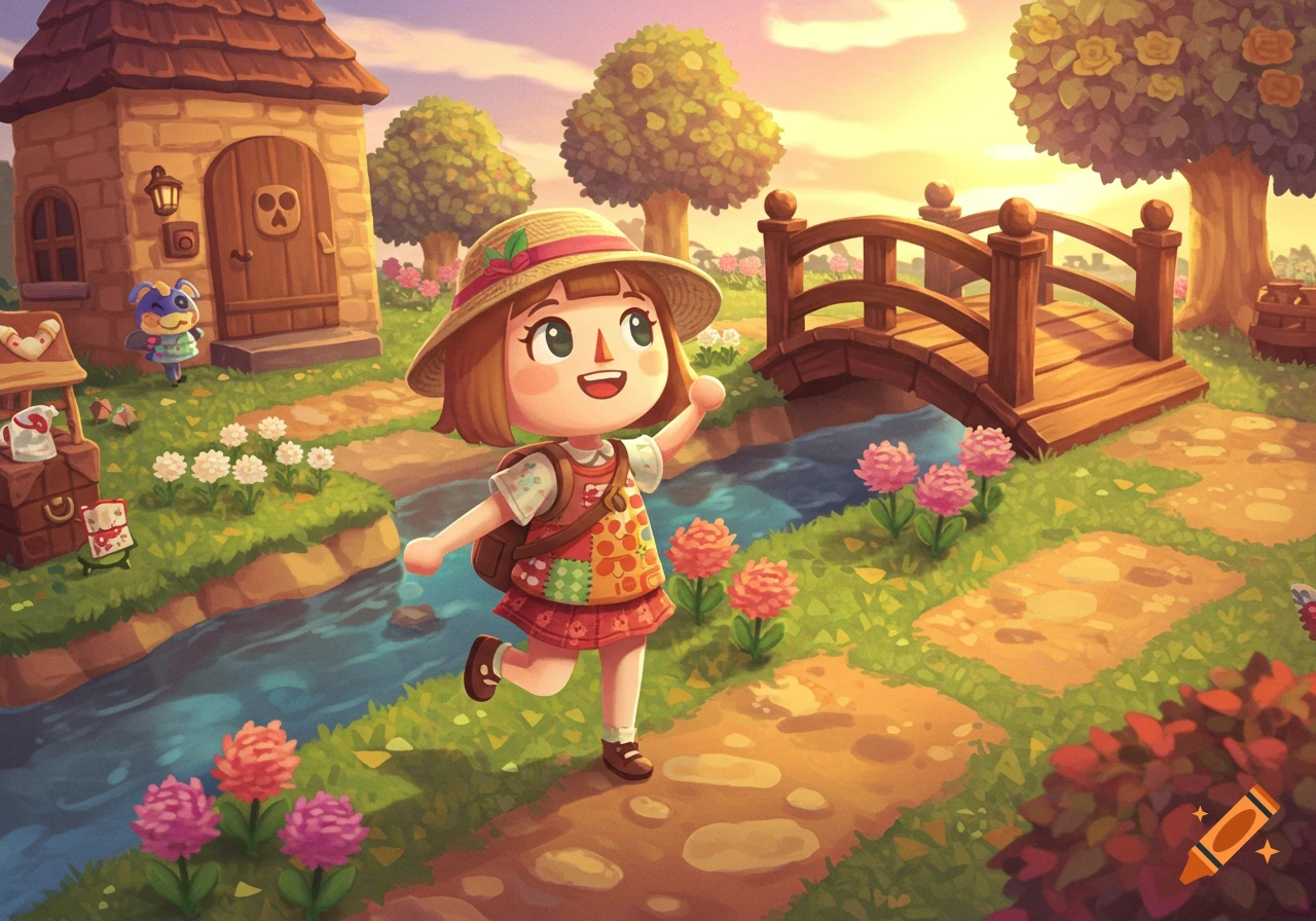 A happy cartoon girl in a straw hat walks past a house, river, and wooden bridge in a sunny village scene.