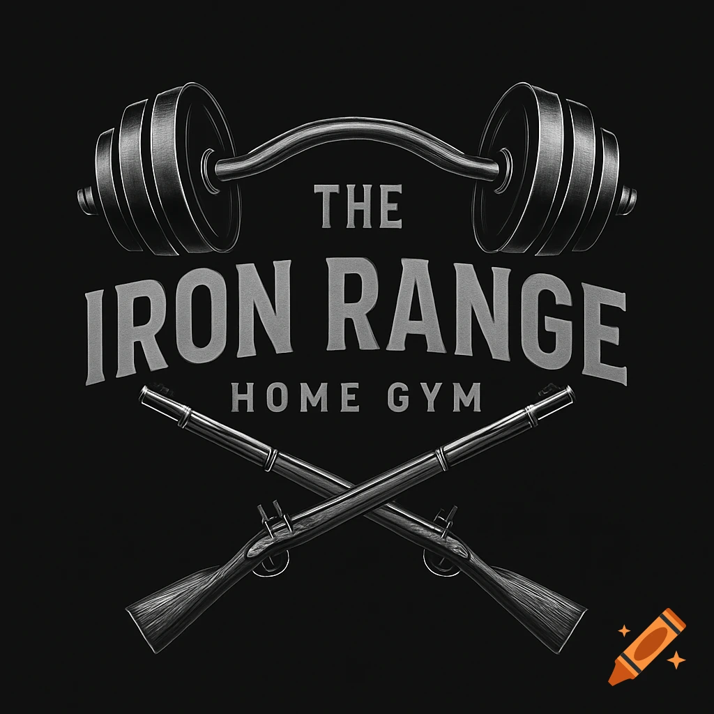 Monochromatic logo for The Iron Range Home Gym, featuring a bent barbell above crossed antique muskets.