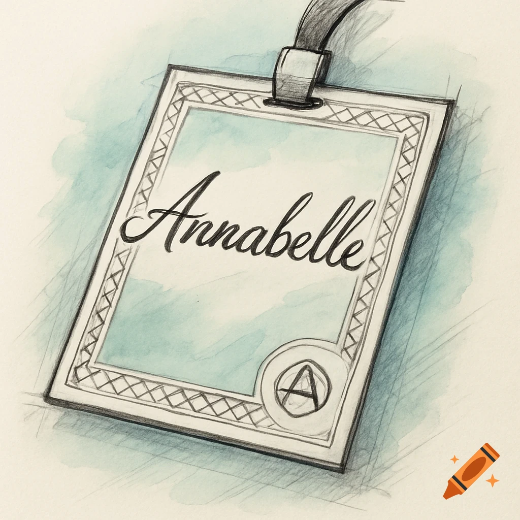 A watercolor sketch of a name tag with the name 'Annabelle' and a stylized 'A', attached to a dark strap.