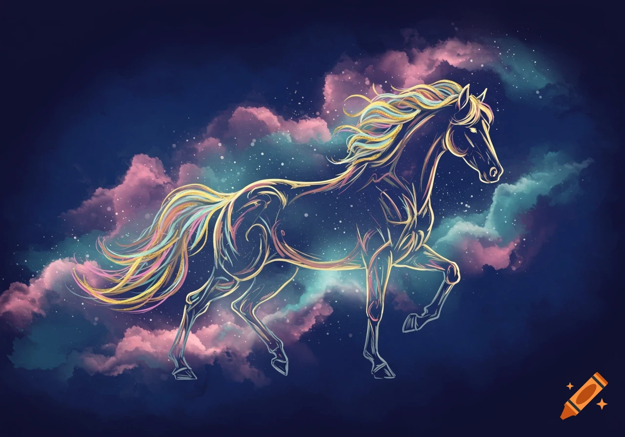 A glowing, abstract outline of a horse runs through a starry, cosmic sky with pink and teal clouds.