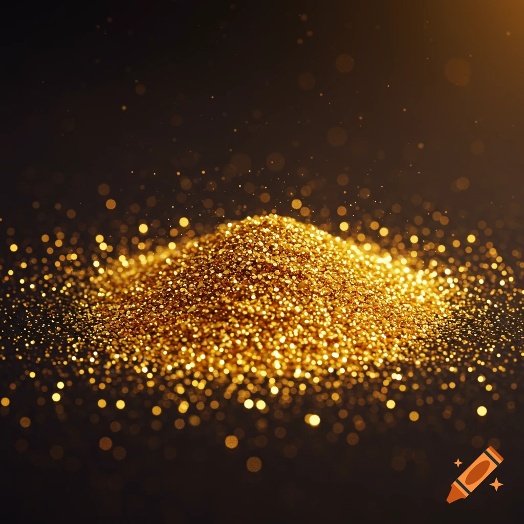 A sparkling pile of gold glitter on a dark background with scattered bokeh lights.