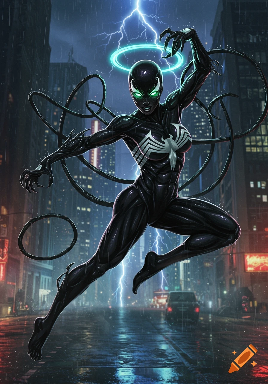 A female Venom-like symbiote with glowing green eyes and a neon halo floats in a dark, rainy city street under a lightning strike.