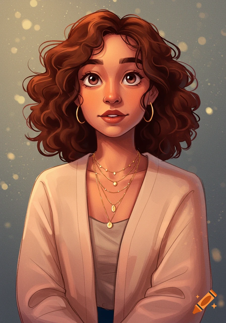 Digital illustration of a warm young woman with curly brown hair, expressive eyes, and layered gold necklaces, radiating creative energy.