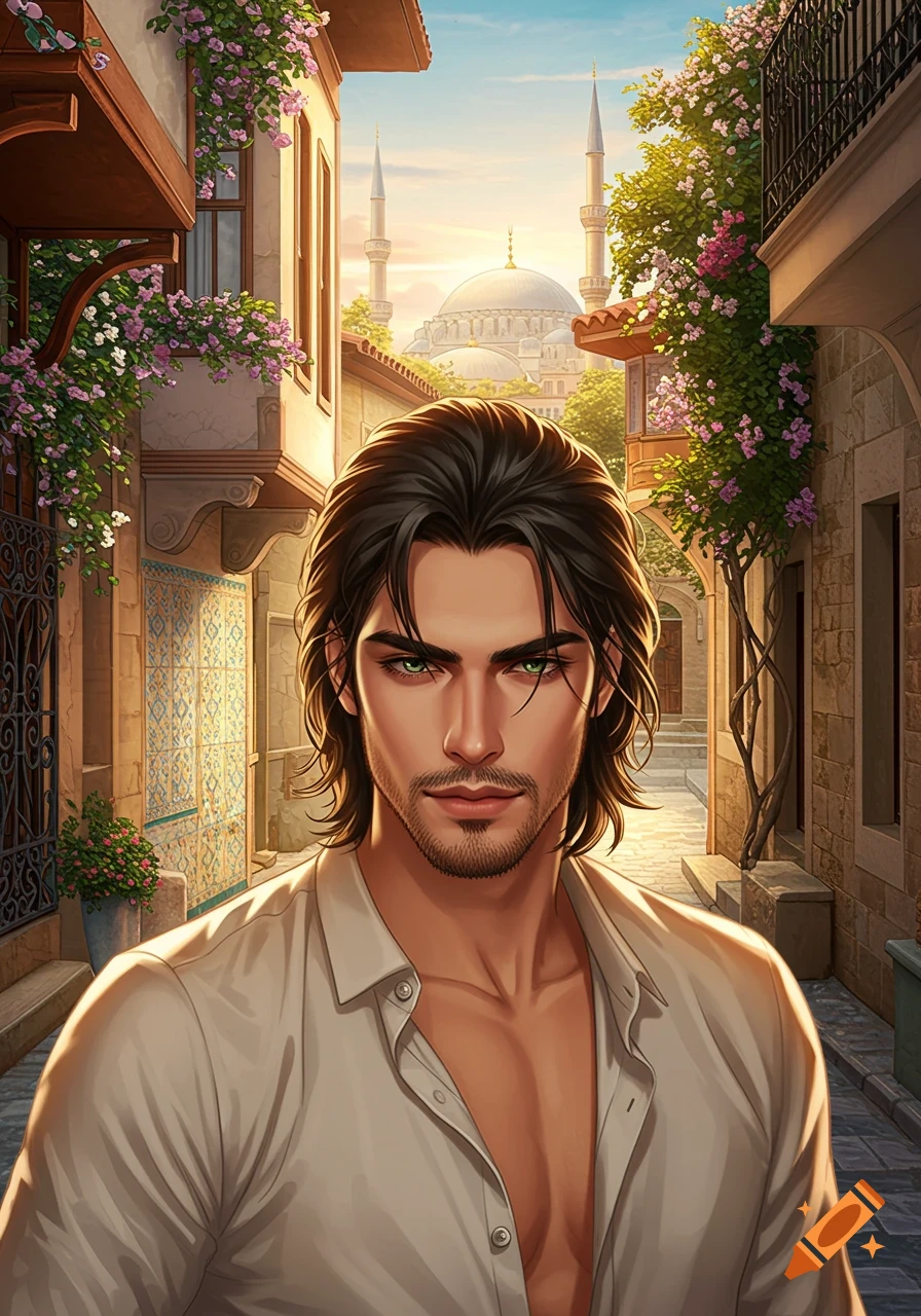 Anime-style portrait of a handsome man with dark hair and green eyes, an unbuttoned shirt, in a vibrant alleyway with a mosque in the background.
