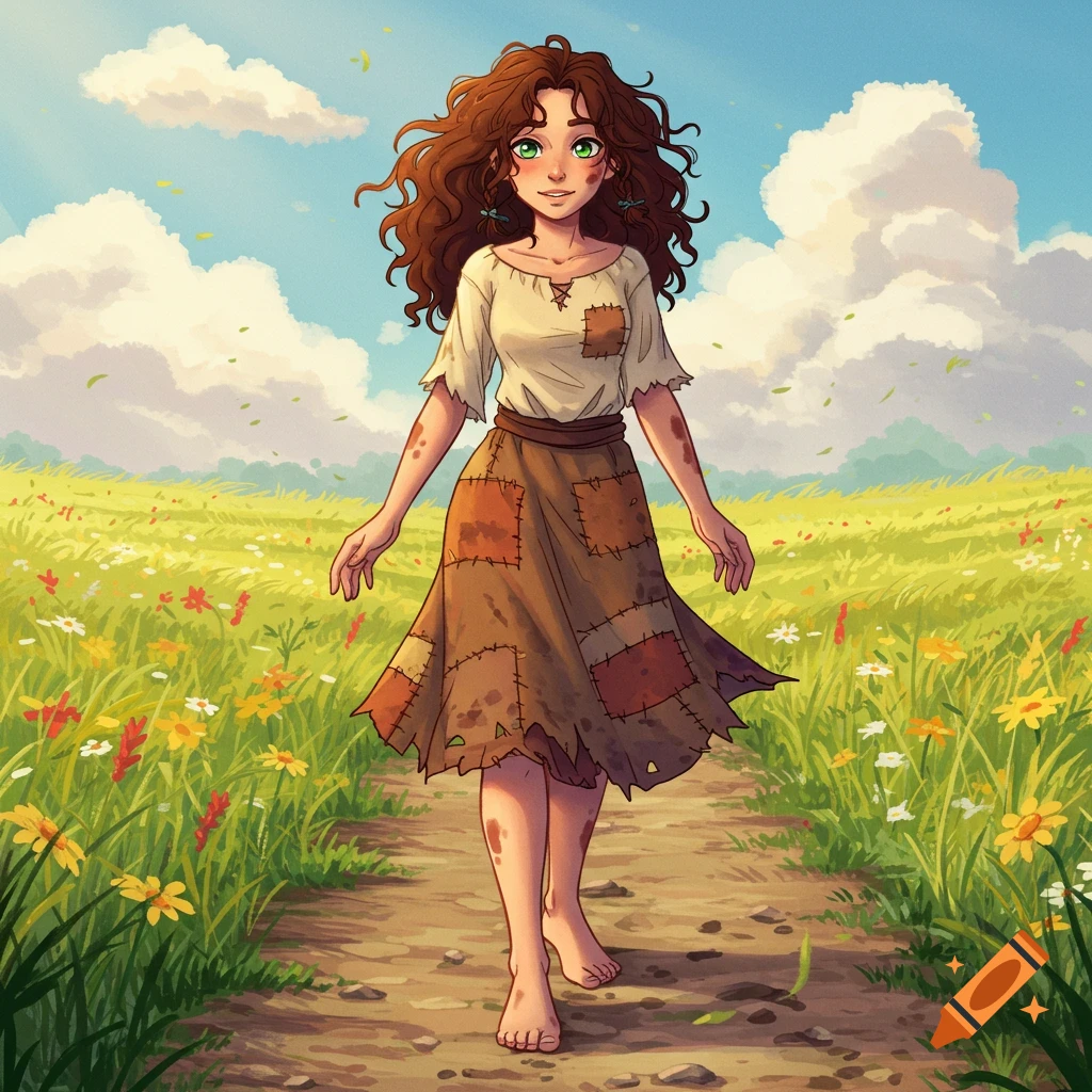 An animated young woman with long curly brown hair and green eyes walks barefoot on a path through a sunny, flower-filled field.