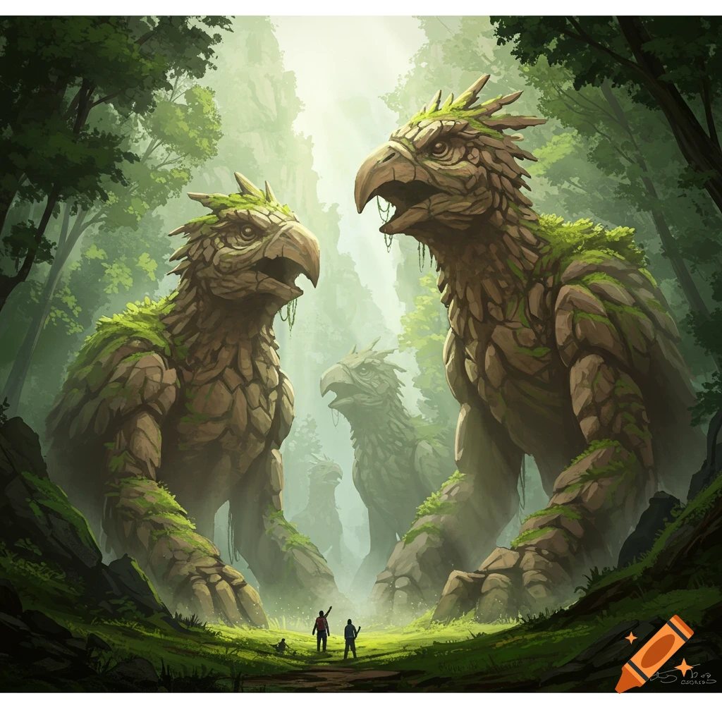 Two small figures gaze up at massive, moss-covered stone bird creatures in a misty, ancient forest, digital art.