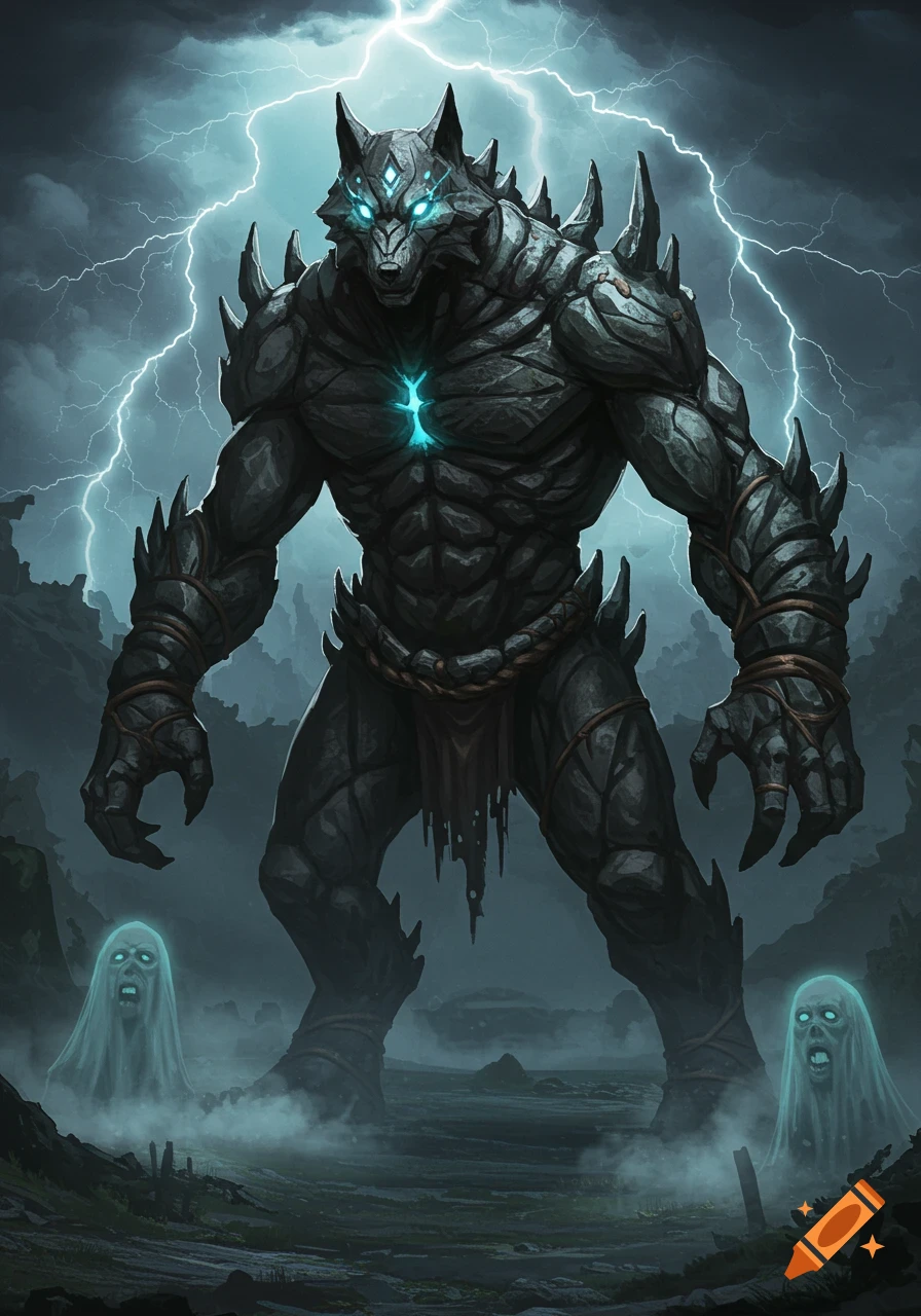 A large, muscular grey stone wolf-golem with glowing blue eyes and chest symbol stands in a stormy, lightning-filled landscape with two ghostly figures.
