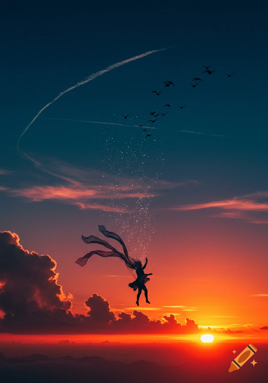 Silhouette of a person with flowing fabric and sparkling particles, floating in a vibrant orange and blue sunset sky with birds.