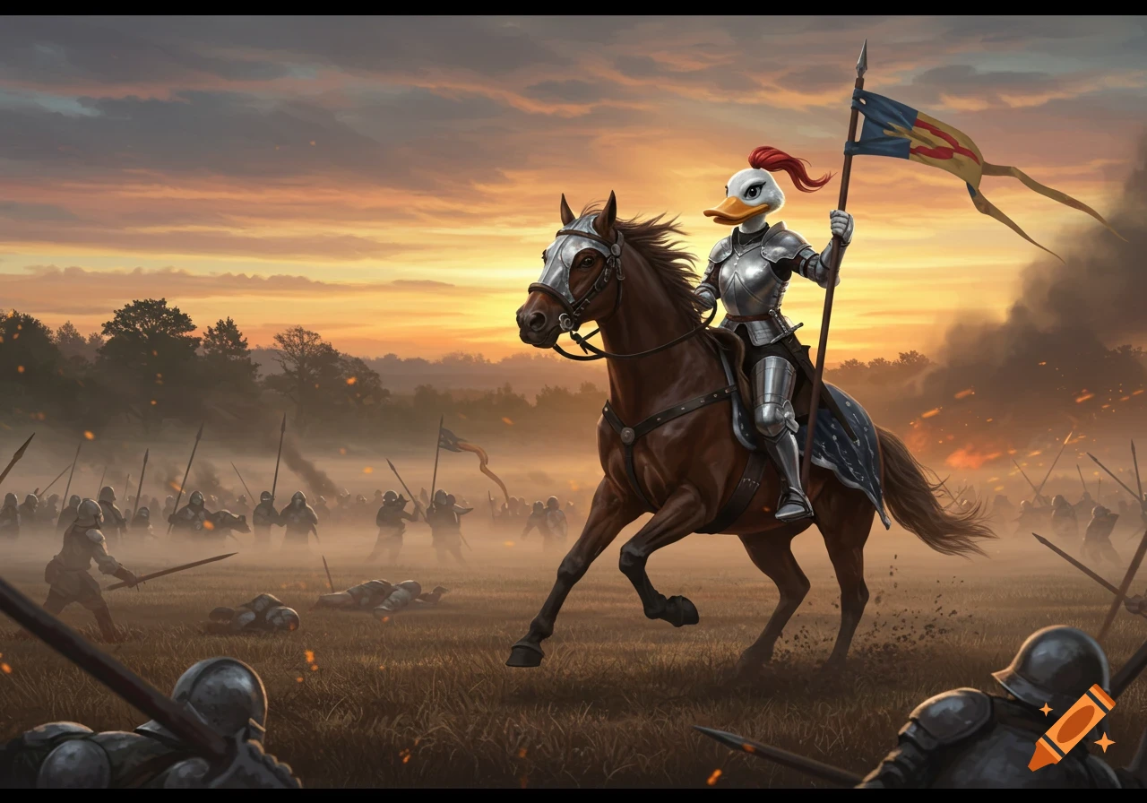 A female duck knight in shining armor rides a horse across a foggy battlefield at sunset, holding a spear with a flag.