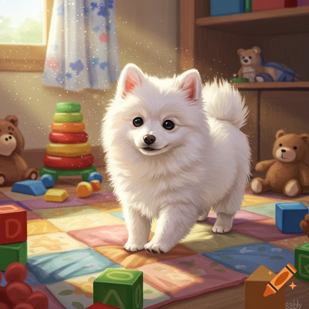 Fluffy white American Eskimo puppy on a colorful playmat with building blocks and toys in a sunlit room.