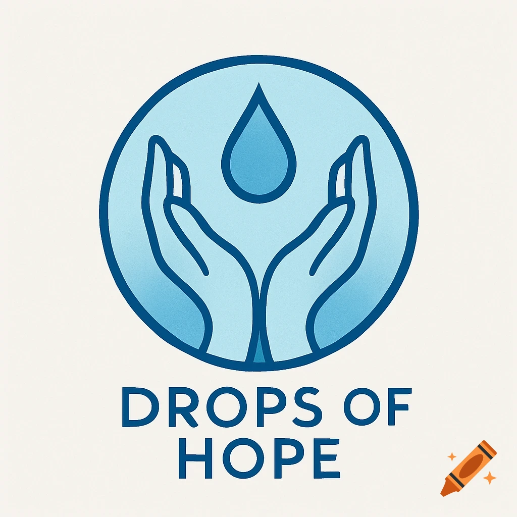 Minimalist blue logo featuring two stylized hands cupping a water drop within a circle, with the text 'DROPS OF HOPE' below.