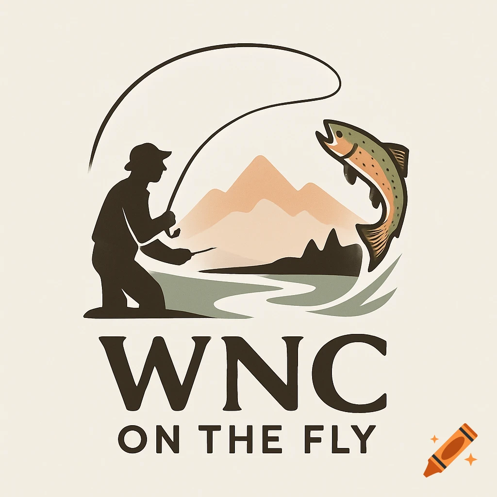 Stylized logo of a fly fisherman casting with a trout jumping from a river, mountains in the background, and text "WNC ON THE FLY".