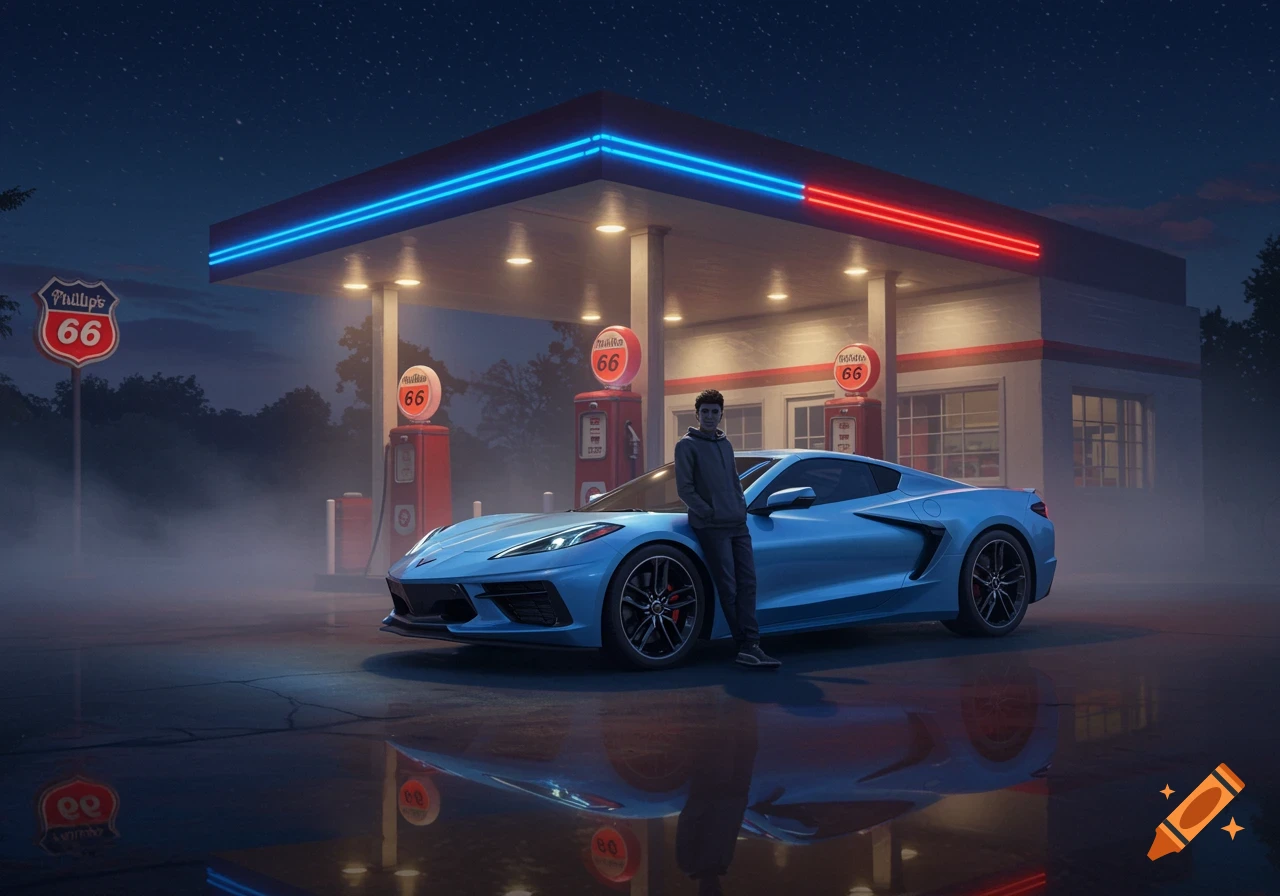 A young man stands next to a light blue Corvette at a Phillips 66 gas station at night, with mist on the wet ground.