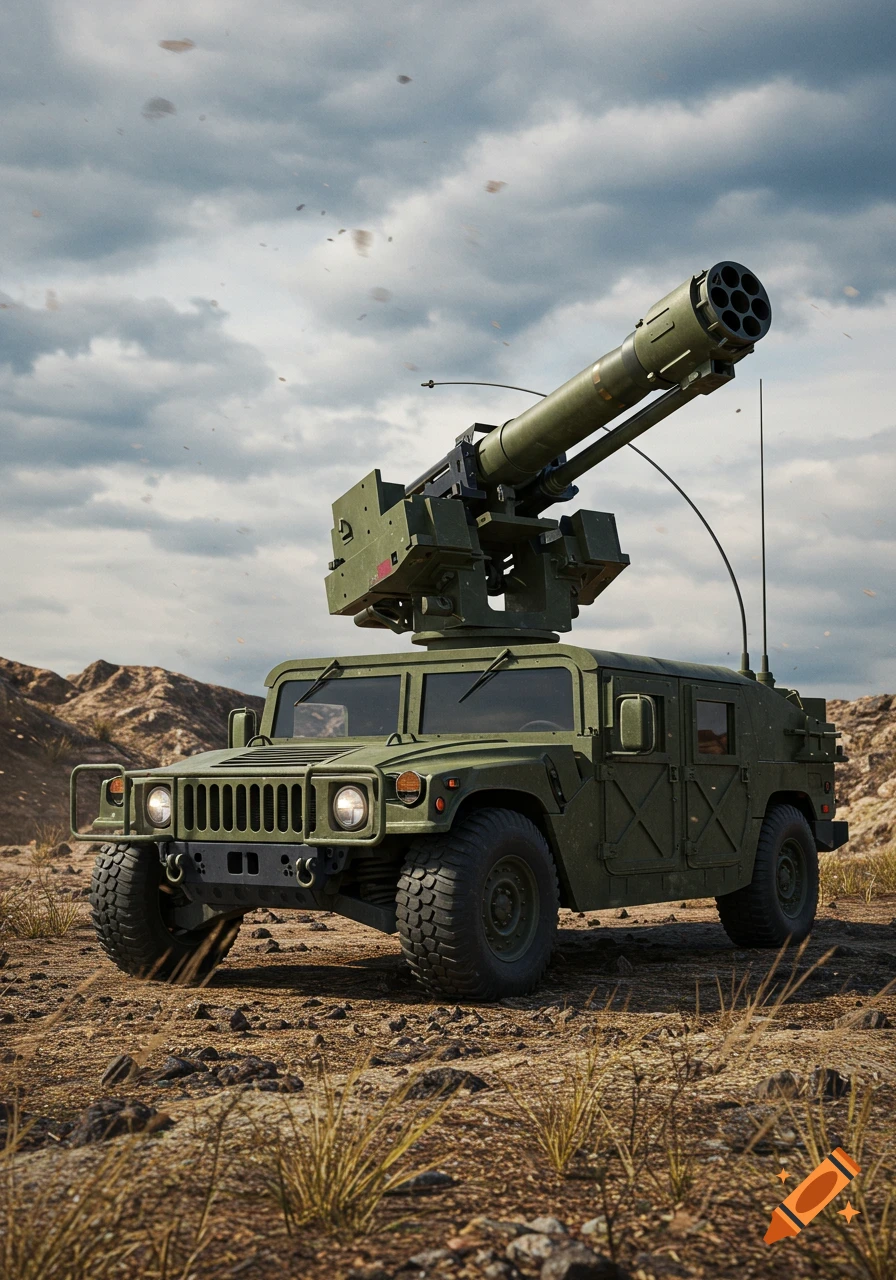 Photorealistic image of a military Humvee with a multi-barrel missile launcher on a dusty, rocky landscape under a cloudy sky.