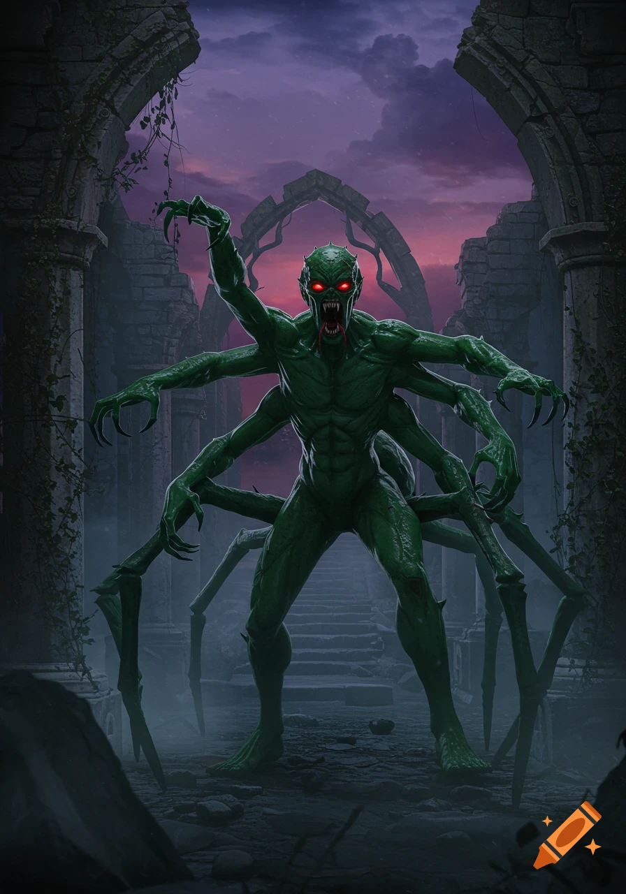 A terrifying green humanoid spider monster with glowing red eyes and fangs stands in dark, crumbling ruins.