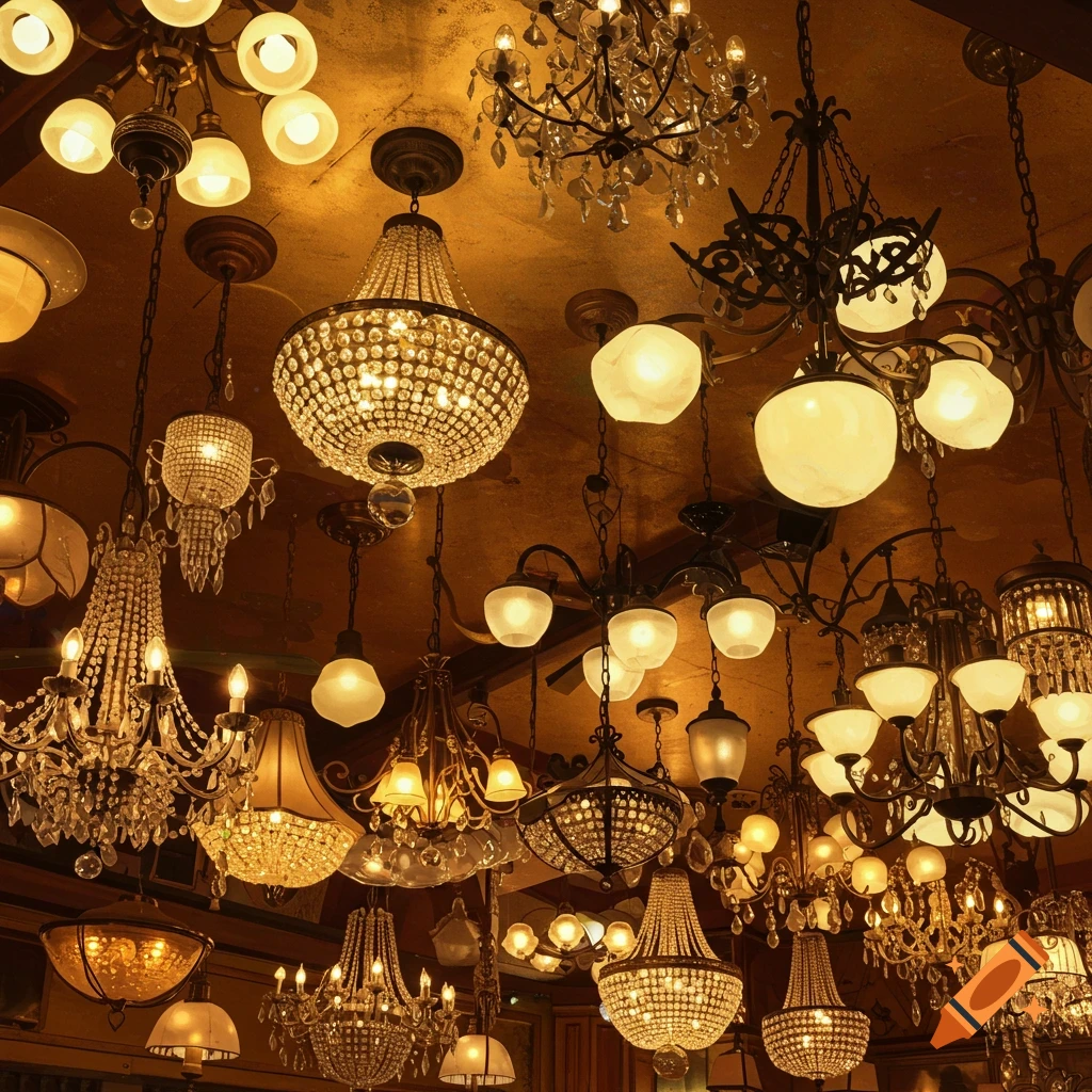 A ceiling filled with a large collection of ornate, sparkling chandeliers and various ceiling lights, creating a warm glow.
