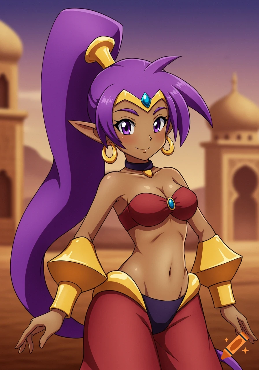 Anime-style Shantae, a tan half-genie with long purple hair, wearing a red bandeau and harem pants in a desert landscape.