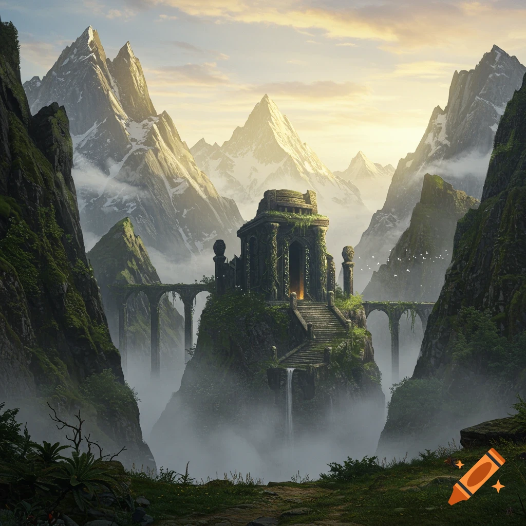 Ancient, overgrown temple on a misty peak with bridges, surrounded by snow-capped mountains at sunrise, in a fantasy style.