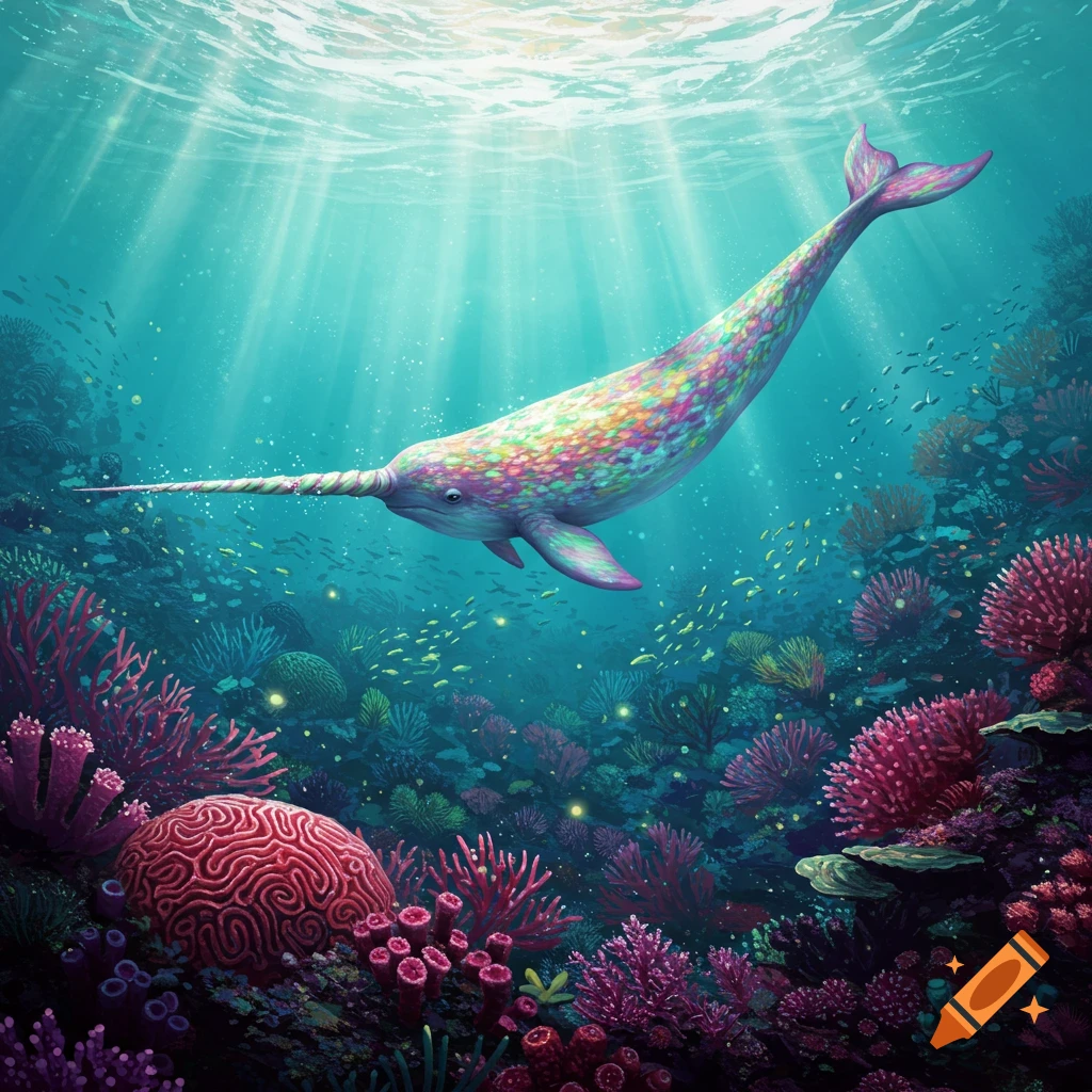 A colorful, rainbow-scaled narwhal swims through a vibrant, sunlit coral reef.