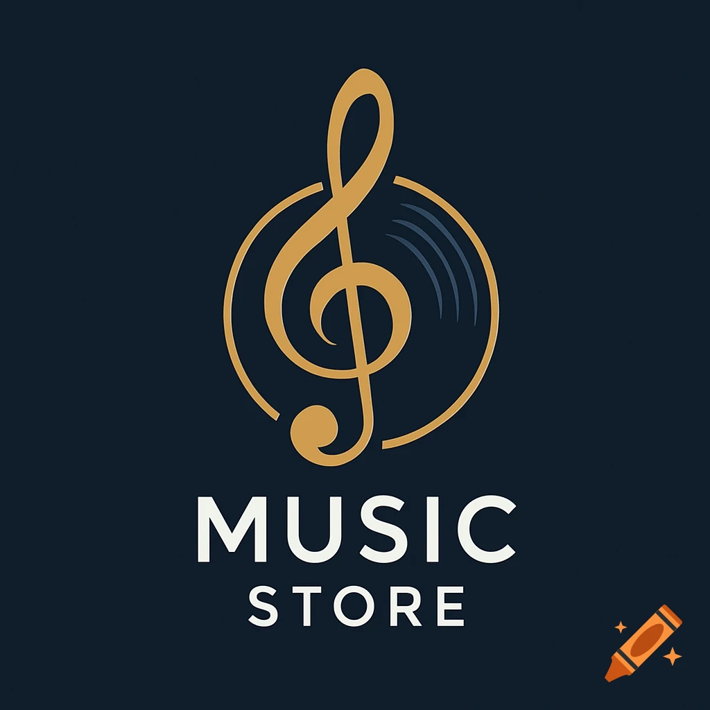 A golden treble clef inside a circle with a subtle vinyl record pattern, above the white text MUSIC STORE, all on a dark blue background.
