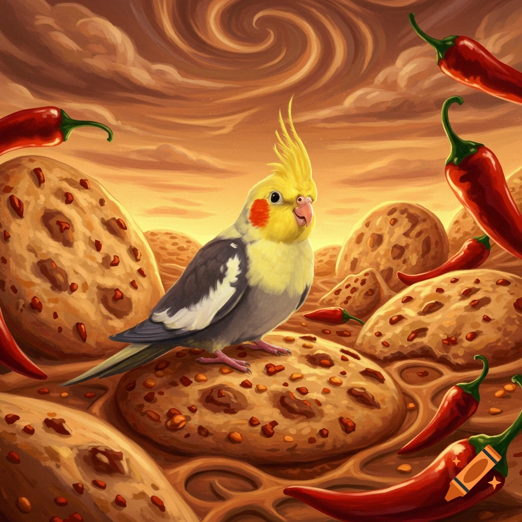 A cute cockatiel stands on a giant cookie amidst red chili peppers and other cookies under a swirling orange sky, in a vibrant illustration.