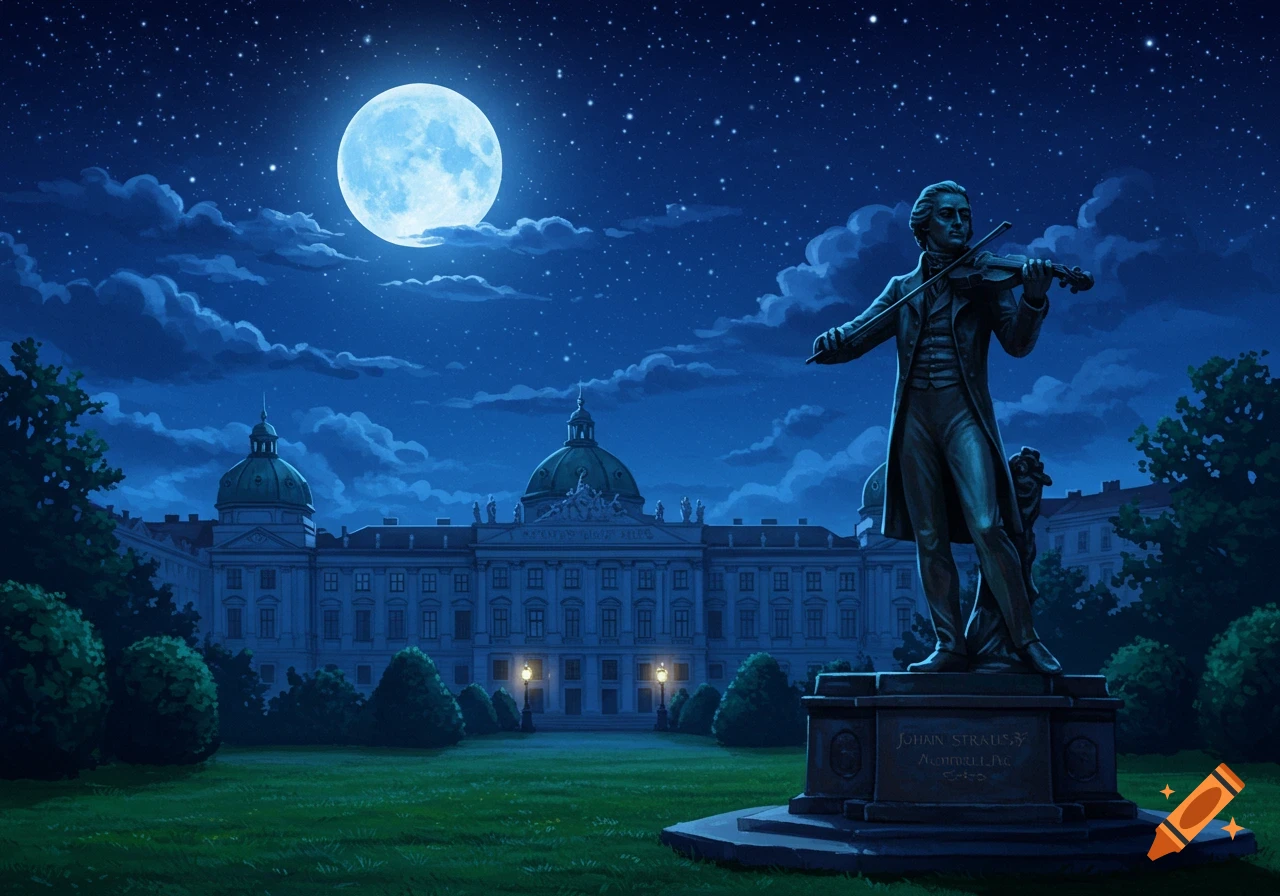 Stylized illustration of a Johann Strauss statue playing violin in Vienna at night, with a bright full moon and grand palace in the background.