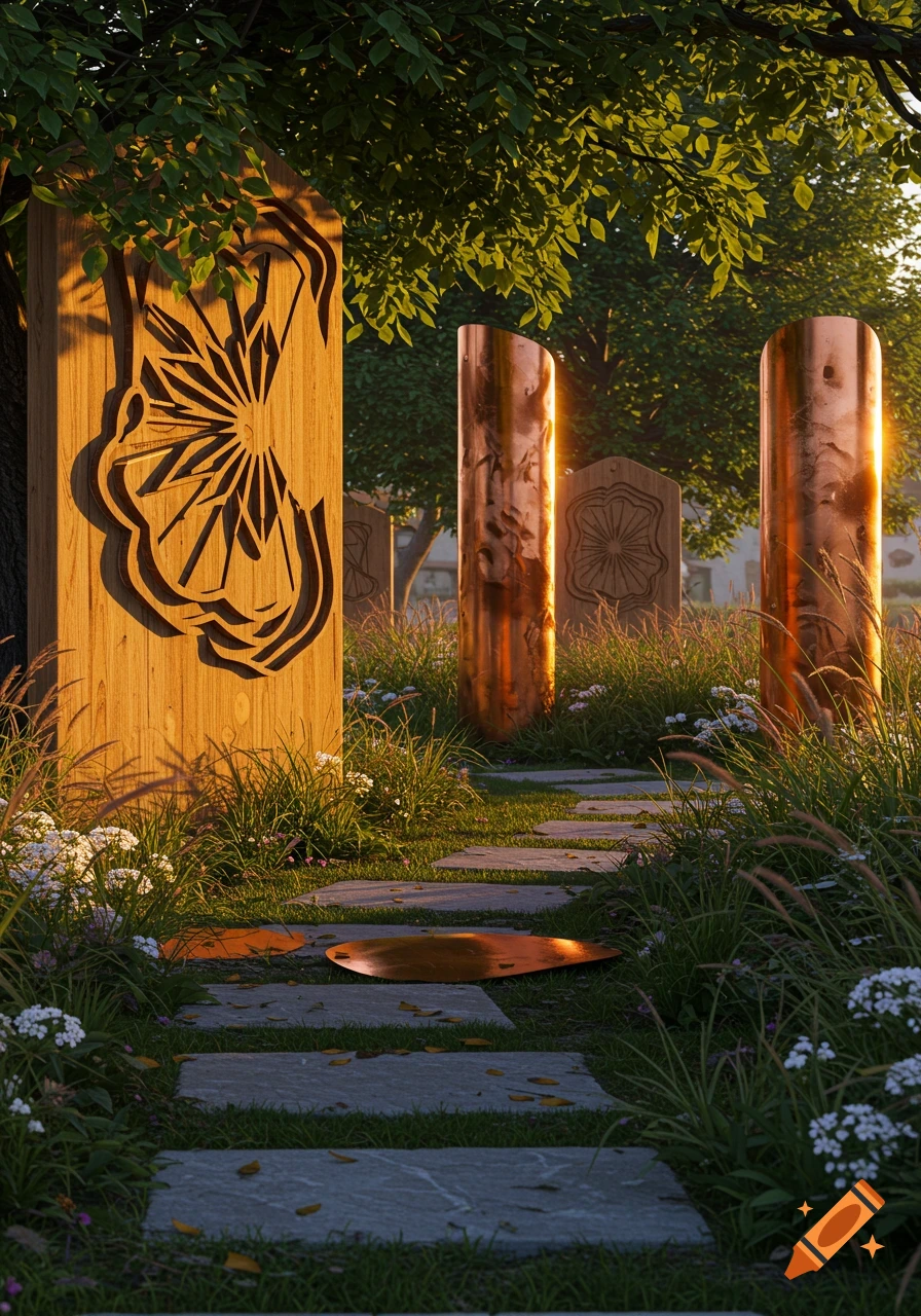 A garden path with stone steps, green grass, white flowers, and decorative wooden panels with laser-cut designs, and shiny copper pillars, under golden sunlight.
