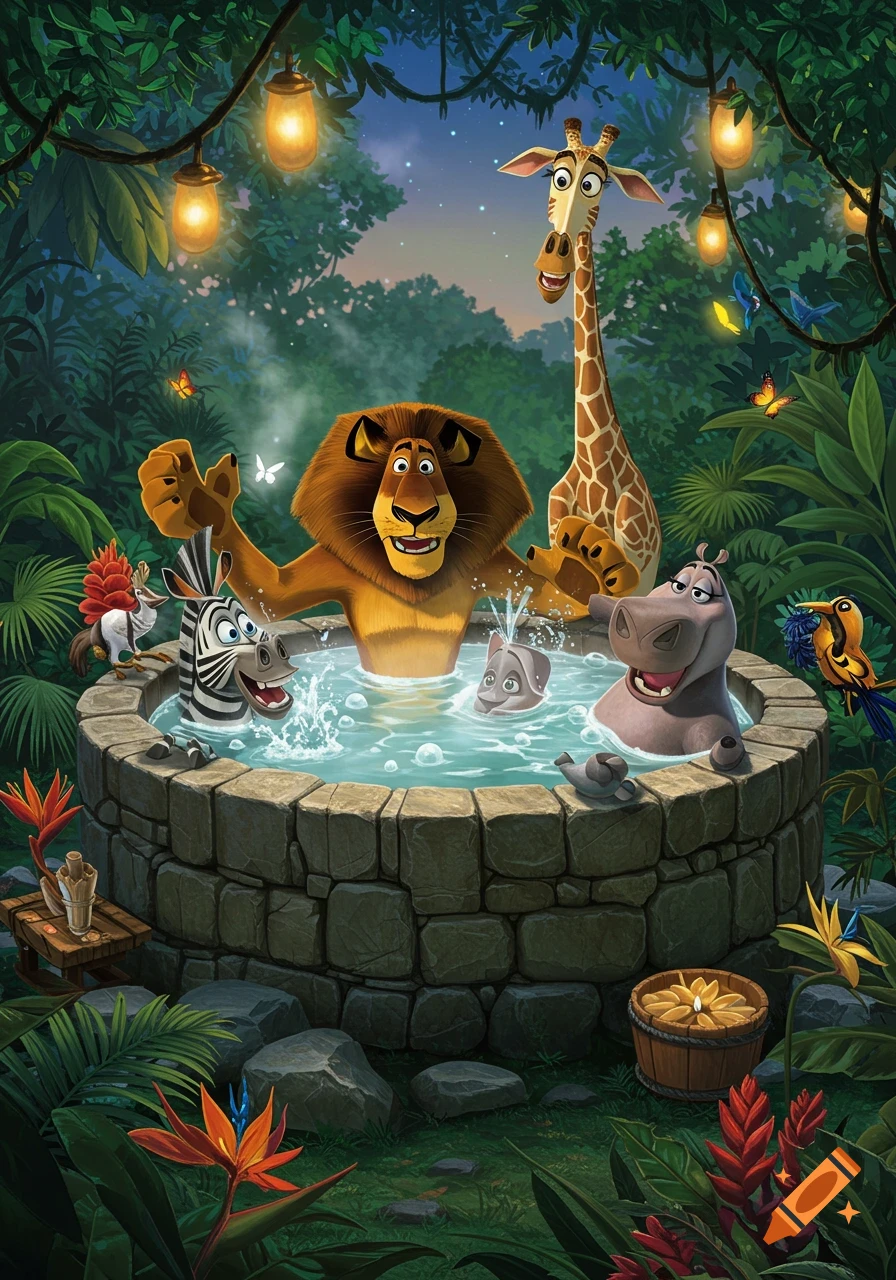 Madagascar characters Alex, Marty, Gloria, Melman, and penguins relaxing in a hot tub in a lush jungle at night.