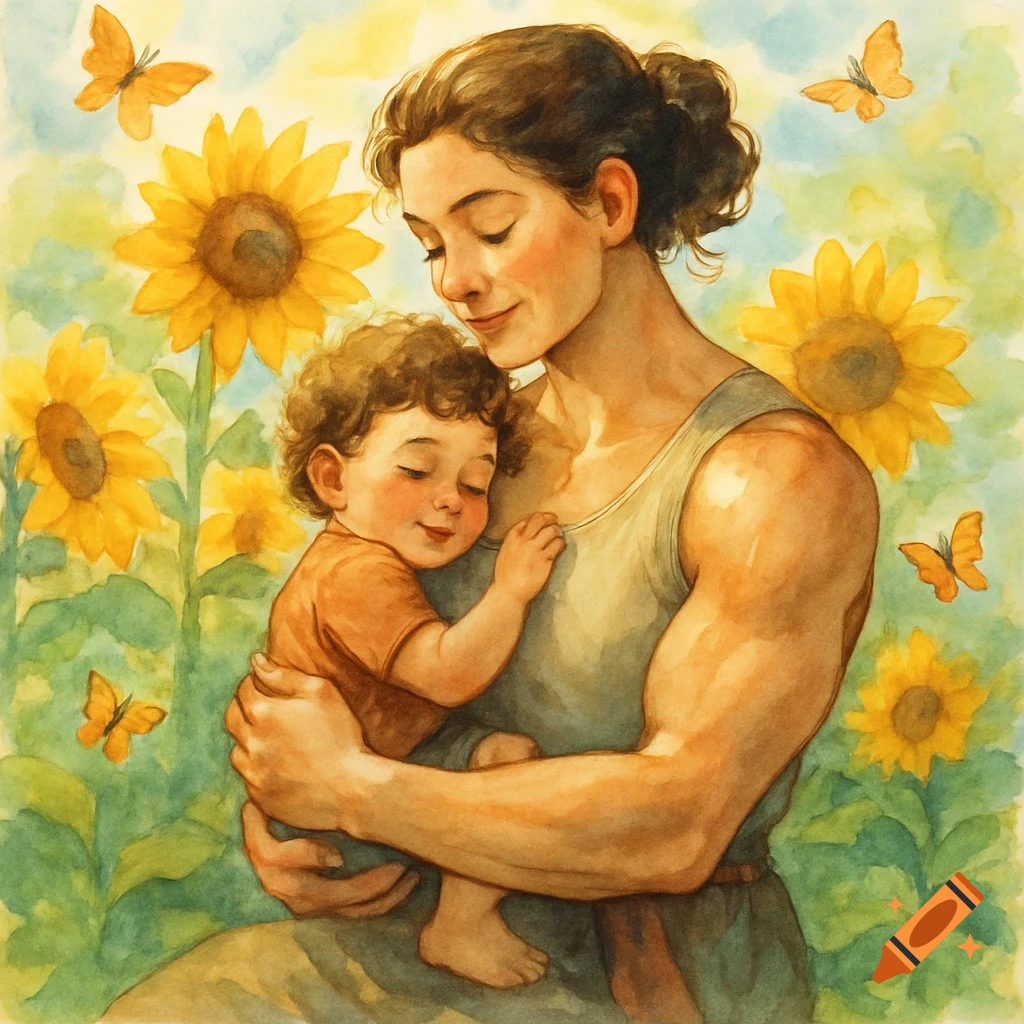Watercolor illustration of a muscular mother holding her child in a field of sunflowers with butterflies.