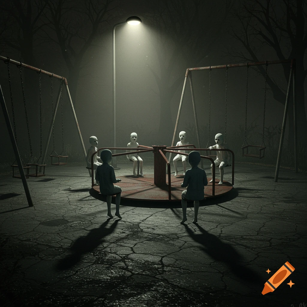 Eerie, photorealistic image of pale, masked humanoid figures on a rusty merry-go-round in a dark, deserted playground under a streetlamp.