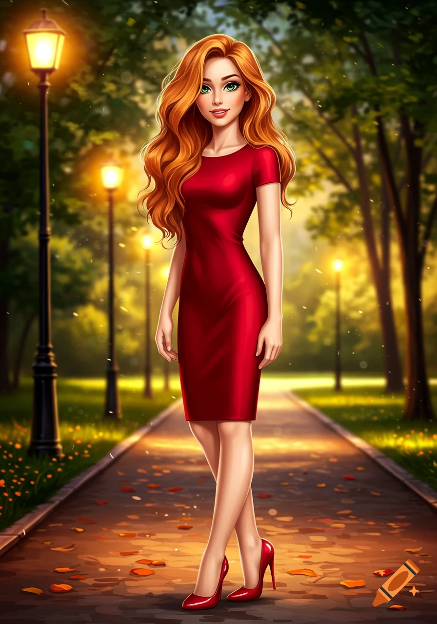 A stylized illustration of a red-haired woman in a red dress and high heels, standing on a park path lined with streetlights and autumn leaves.