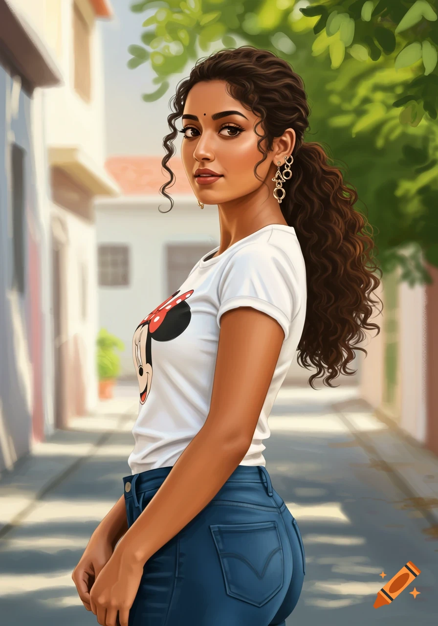 Digital art portrait of a young South Indian woman with curly hair, wearing a white Minnie Mouse t-shirt and blue jeans, standing on a sunlit street.
