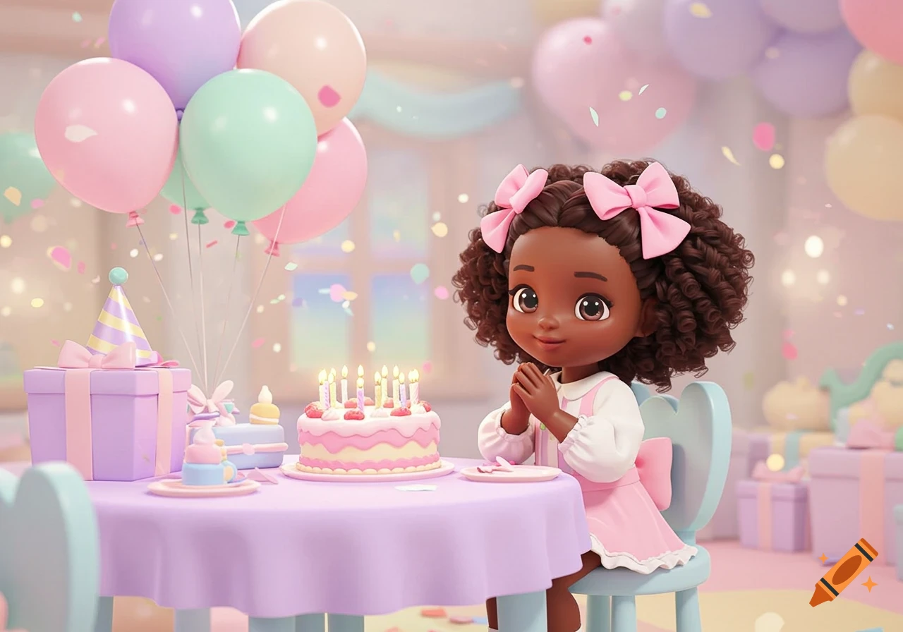 Kawaii African girl celebrates her birthday with a pastel cake, lit candles, balloons, and confetti in a charming video game graphic style.