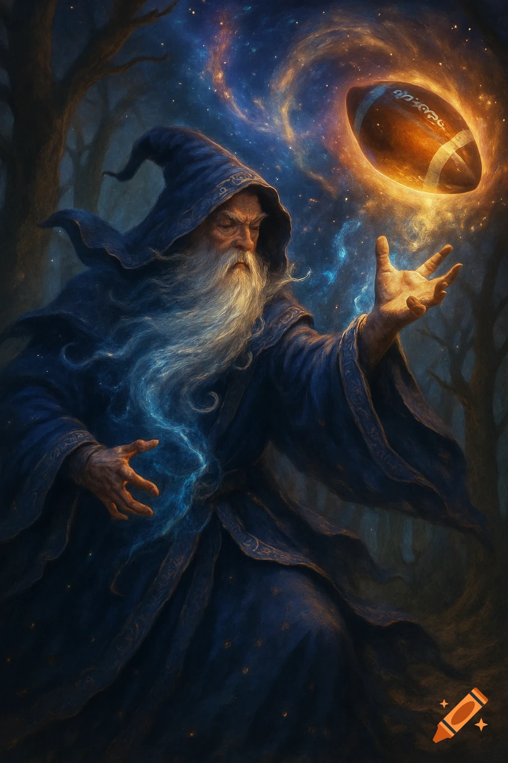 A blue-robed wizard with a long white beard conjures an glowing American football in a magical forest, digital art style.
