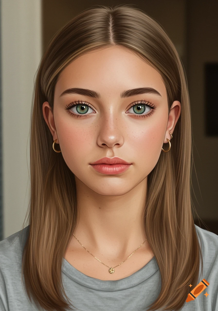 Digital portrait of a young woman with long brown hair, green eyes, freckles, wearing a grey shirt and gold necklace.