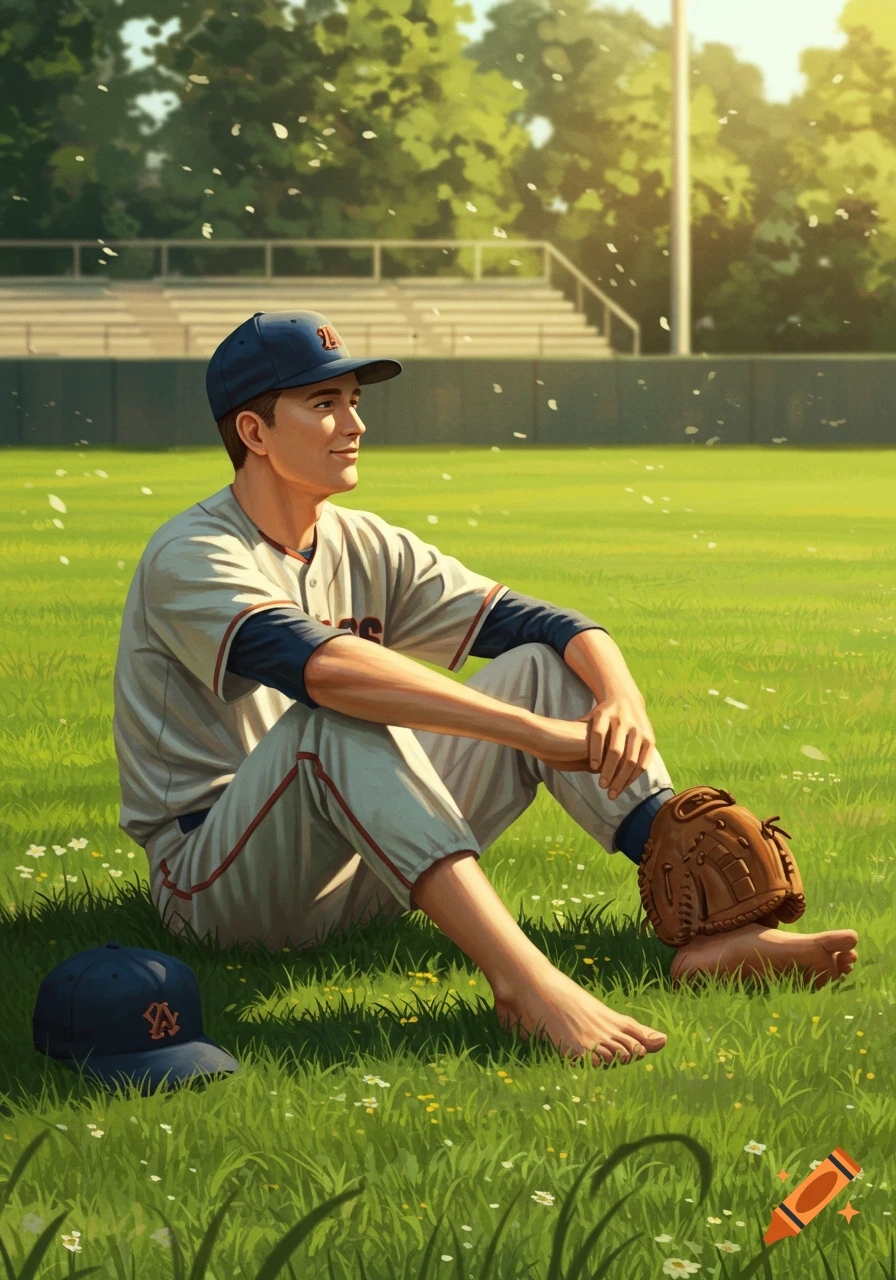 A barefoot baseball player in uniform sits on a grassy field, enjoying the sunny weather, with a glove and cap beside him.