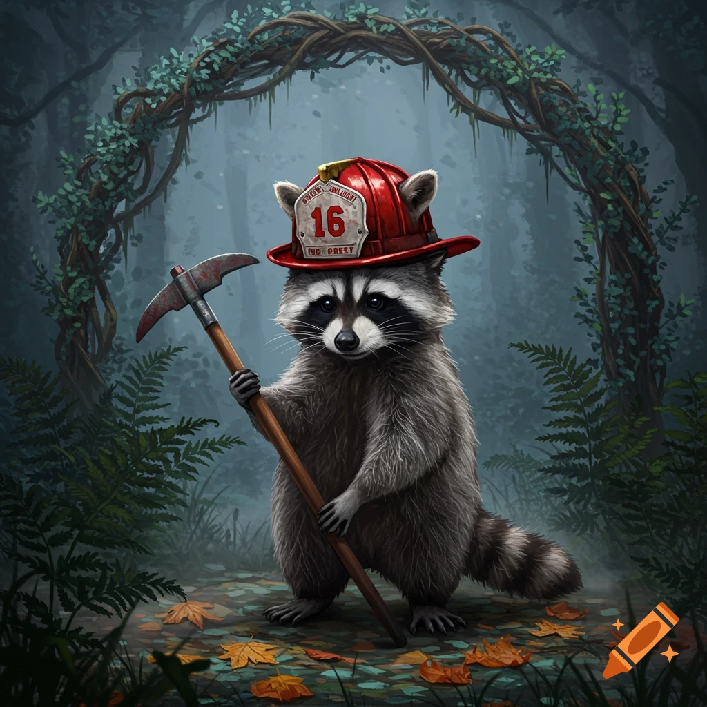 A cute raccoon wearing a red firefighter helmet with the number '16' on it, holding a pike pole in a mystical forest.